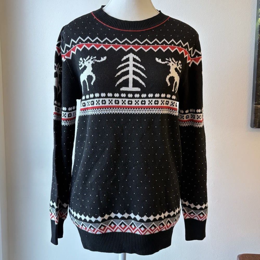 Meaveor Women's Holiday Sweater Small Black Multi Deer XOXO Trees Winter